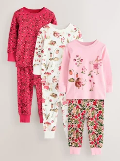 Applique Fleuri Rouge/Rose - Lot de 3 pyjamas Snuggle (9mois-9ans)
