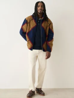 Argyle bleu marine/marron fauve - Zippé sur toute la longueur - Polaire imprimée