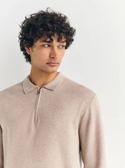 Avoine - Col zippé - Polo N.premium en maille à manches longues haut de gamme à manches longues