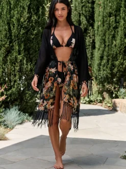 B by Ted Baker Kimono à glands en viscose noir fleuri Koi