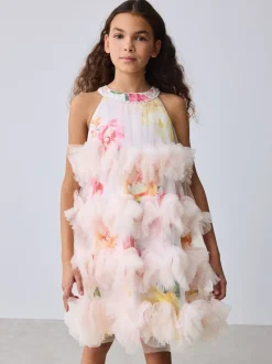 Baker by Ted Baker Robe dos nu rose 3D duveteuse en maille à volants