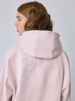 Baker by Ted Baker Sweat-shirt à capuche rose/blanc oversize en Satin appliqué au dos Imprimé