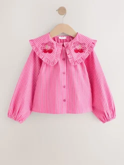 Bande rose - Chemisier à manches longues avec col brodé cerise (3-16ans)