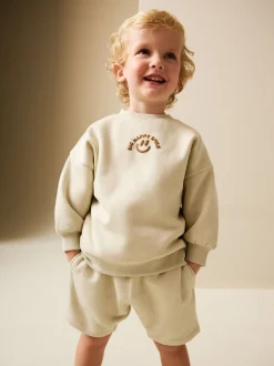 Beige Sable grand sourire heureux - Ensemble Sweat à col ras du cou et short (3mths-7yrs)