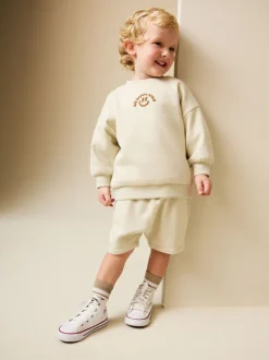 Beige Sable grand sourire heureux - Ensemble Sweat à col ras du cou et short (3mths-7yrs)