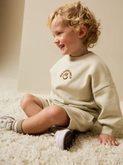 Beige Sable grand sourire heureux - Ensemble Sweat à col ras du cou et short (3mths-7yrs)