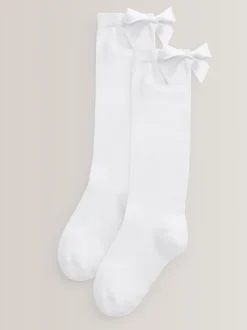 Blanc - 2 Chaussettes genoux riches Nœud en coton Lot