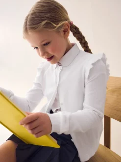 Blanc - Cardigan d'école à épaules volantées en coton riche (3-16ans)