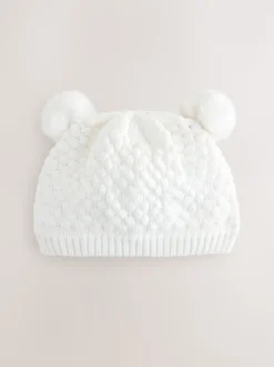 Blanc - Chapeau en maille à double pompon pour bébé (0mois-2ans)