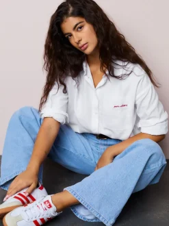 Blanc - Chemise raccourcie décontractée à manches longues avec broderie de poche