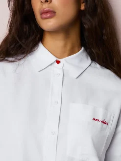 Blanc - Chemise raccourcie décontractée à manches longues avec broderie de poche