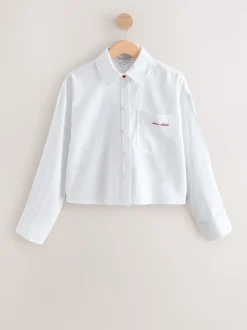 Blanc - Chemise raccourcie décontractée à manches longues avec broderie de poche