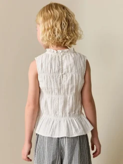Blanc - Chemisier sans manches froncées (3-16ans)