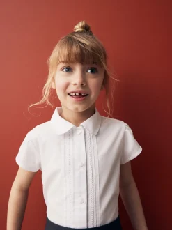 Blanc - Chemisier scolaire à manches bouffantes et bordures en dentelle (3-14ans)