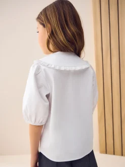 Blanc - Chemisier scolaire à col volanté riche en coton à fermeture par contact (3-14ans)