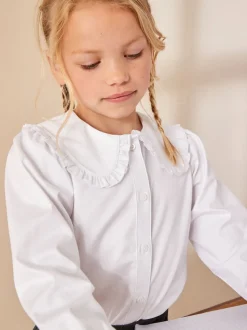 Blanc - Chemisier scolaire à manches longues en coton extensible haut de gamme à volants (3-14ans)
