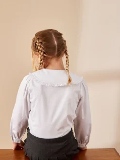 Blanc - Chemisier scolaire à manches longues en coton extensible haut de gamme à volants (3-14ans)