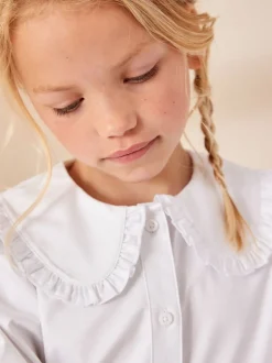 Blanc - Chemisier scolaire à manches longues en coton extensible haut de gamme à volants (3-14ans)
