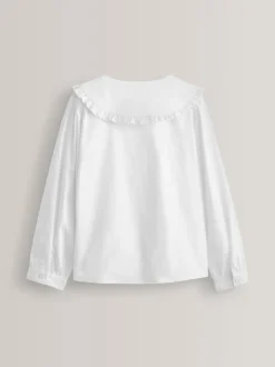 Blanc - Chemisier scolaire à manches longues en coton extensible haut de gamme à volants (3-14ans)