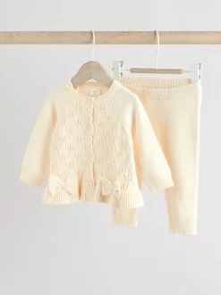 Blanc - Ensemble cardigan en maille à nœud à volants (0mois-3ans)