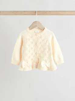 Blanc - Ensemble cardigan en maille à nœud à volants (0mois-3ans)