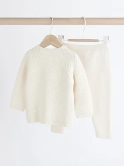 Blanc - Ensemble pull et pantalon en maille bébé (0mois-2ans)