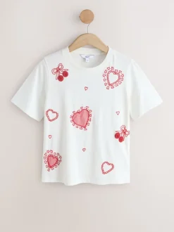 Blanc - Haut à col rond à manches courtes avec ornements en forme de cœur