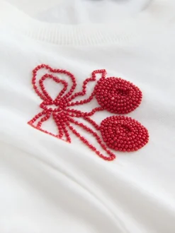 Blanc - Haut à col rond à manches courtes avec ornements en forme de cœur