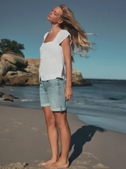 Blanc - Haut boutonné à manches évasées avec lin