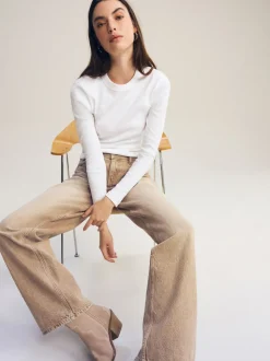 Blanc - Haut côtelé à manches longues et col ras du cou