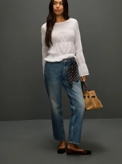 Blanc - Haut froncé à Manches longues et Col rond