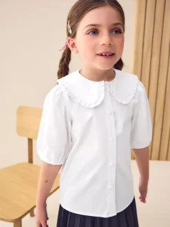 Blanc - Premium Cotton Rich Frill Col School Chemisiers (3-14yrs)