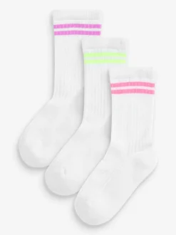 Blanc à rayures fluorescentes - Lot de 3 paires de chaussettes de sport pour l'école enrichies en coton matelassées