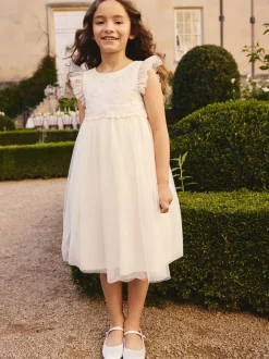 Blanc - Robe de fleur en maille (3-16ans)