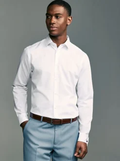 Blanc - Slim Fit (Slim Fit) - Chemises de nuit texturées à double poignet et d'entretien facile