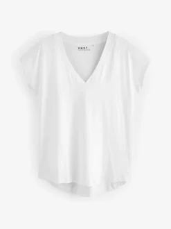 Blanc - T-shirt à col en V avec manches à bonnet
