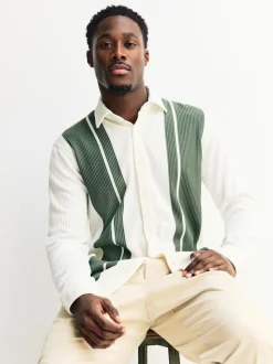 Blanc / Vert sauge - Chemise rayée en jersey Manches courtes