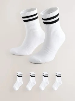 Blanc avec Noir Rayé - Lot de 4 chaussettes de sport