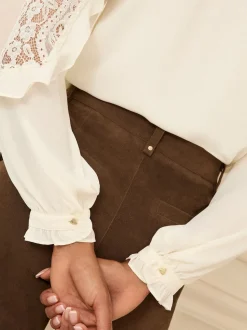 Blanc écru - Chemisier Love & Roses Manches longues à Col rond avec empiècement en dentelle