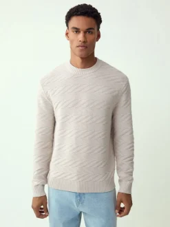 Blanc écru - Pull à col rond en coton riche à torsades coupe classique