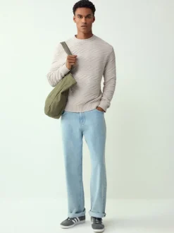 Blanc écru - Pull à col rond en coton riche à torsades coupe classique