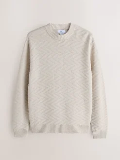 Blanc écru - Pull à col rond en coton riche à torsades coupe classique