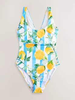 Blanc et Bleu rayé imprimé citron - DD Maillot de bain coupe ventrale Col dégagé