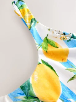 Blanc et Bleu rayé imprimé citron - DD Maillot de bain coupe ventrale Col dégagé