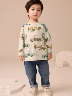 Blanc motif transport - T-shirt imprimé manches longues 100% coton (3mois-7ans)