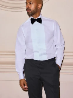 Blanc étroit Plissé - Chemises de chambre à double poignet 100% coton avec col découpé