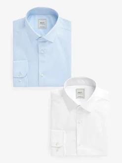 Blanc/Bleu - Ajustement régulier - Lot de 2 chemises élégantes à manchette simple Easy Care manches longues