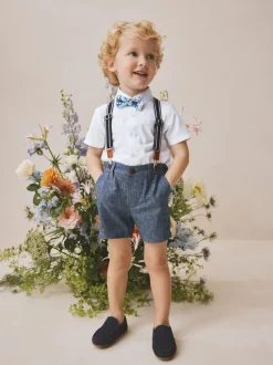 Blanc/Bleu - Ensemble Chemises Shorts Bretelles & Nœud Cravate (3mois-9ans)