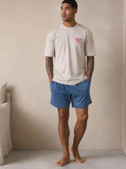 Blanc/Bleu - Ensemble pyjama graphique en jersey à manches courtes