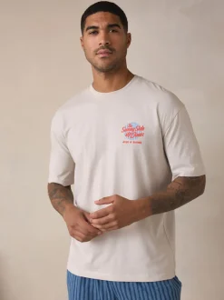 Blanc/Bleu - Ensemble pyjama graphique en jersey à manches courtes